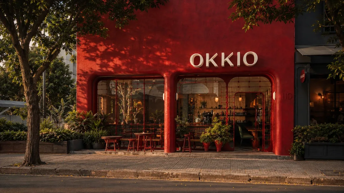 The red-walled street facade of OKKIO, its name in white letters above arched windows, a tree shading the sidewalk, and wooden stools and potted plants set out front.