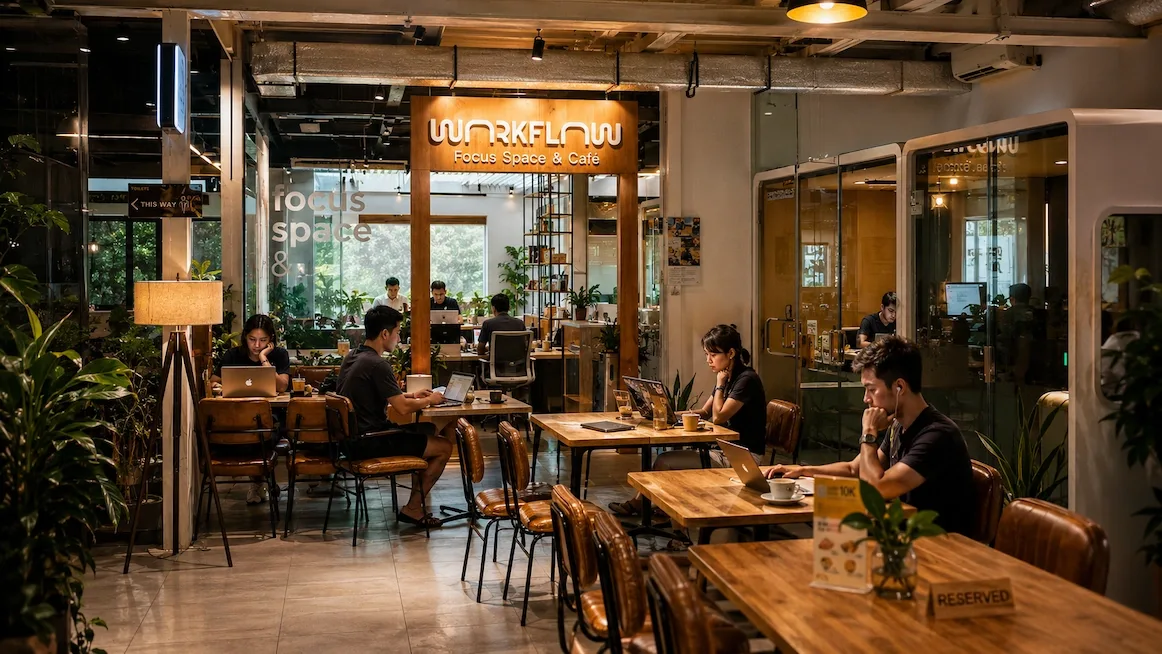 The interior of WorkFlow Focus Space & Café — its lit sign over a wooden-framed entry and people working on laptops at wooden tables among potted plants.
