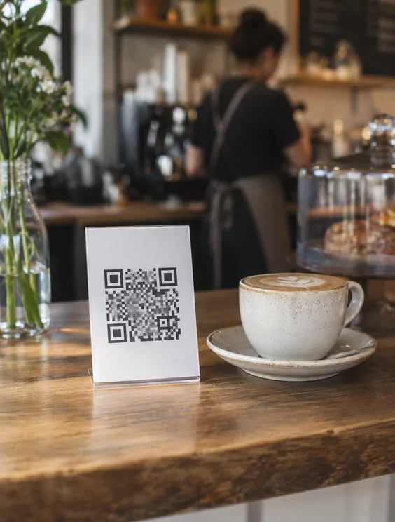 A plain QR standee and a cappuccino on a wooden café counter, the barista at the machine behind.
