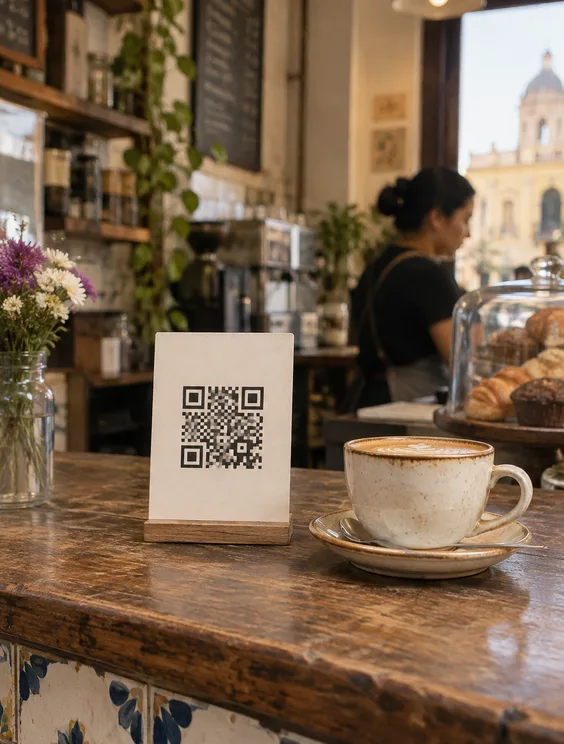 A plain QR standee and a cappuccino on a tiled café counter, a church dome through the window behind.